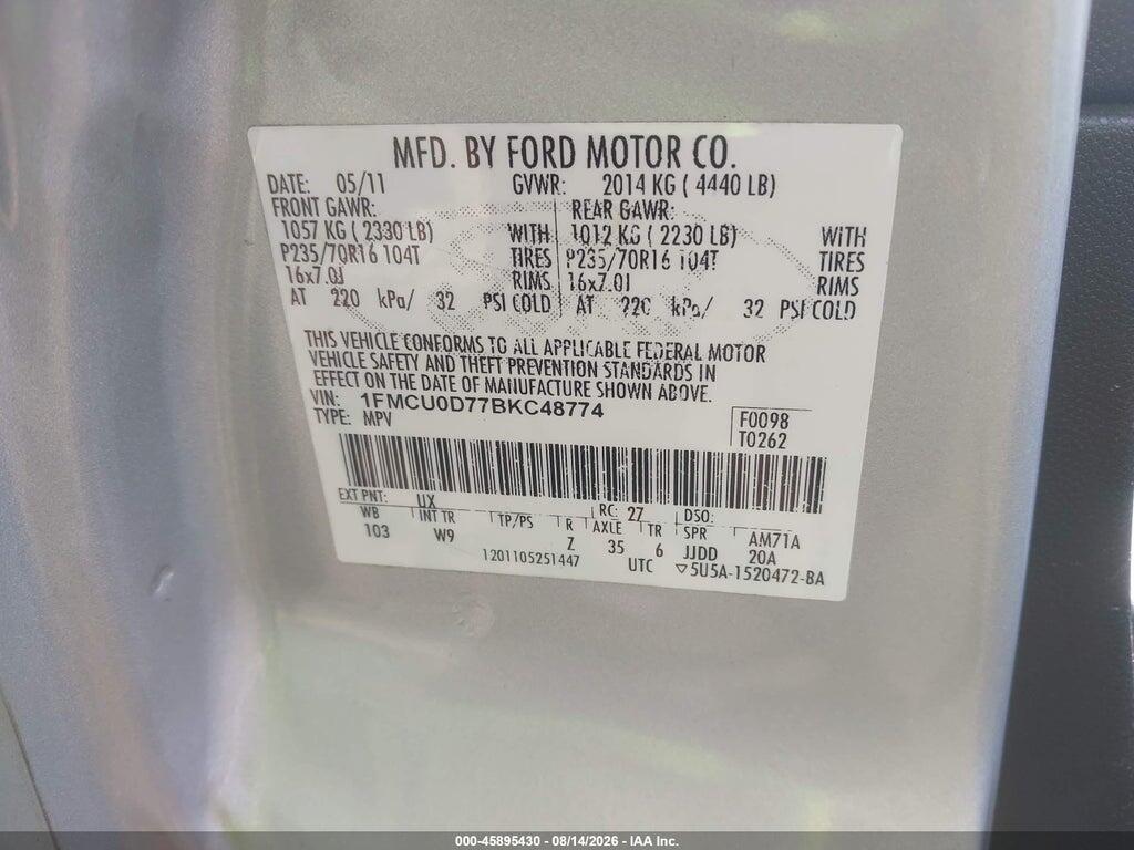 1FMCU0D77BKC48774 2011 FORD ESCAPE photo no. 9