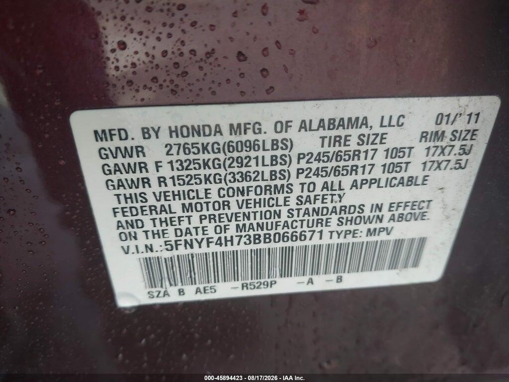 5FNYF4H73BB066671 2011 HONDA PILOT photo no. 9