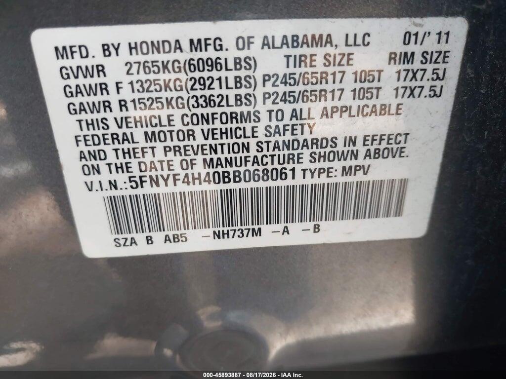 5FNYF4H40BB068061 2011 HONDA PILOT photo no. 9