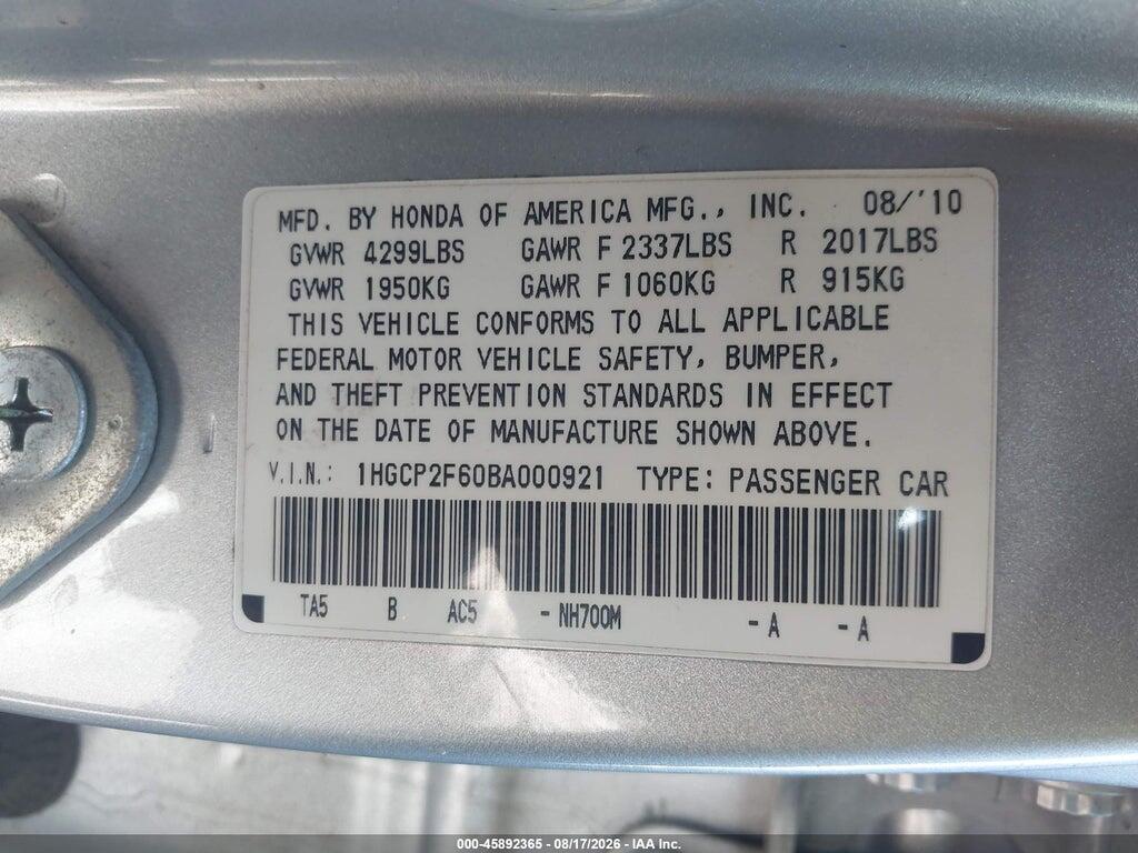 1HGCP2F60BA000921 2011 HONDA ACCORD photo no. 9