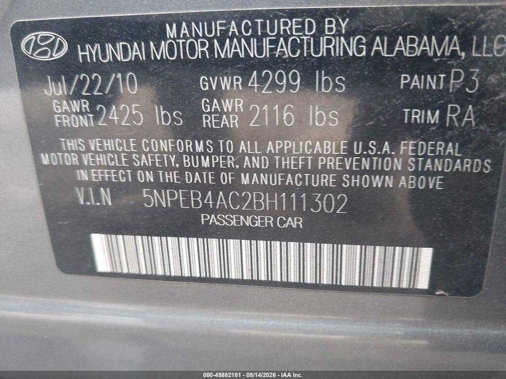 5NPEB4AC2BH111302 2011 HYUNDAI SONATA photo no. 9