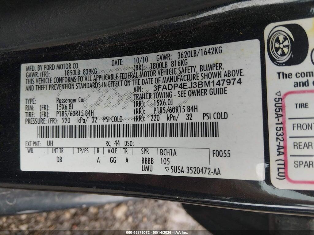 3FADP4EJ3BM147974 2011 FORD FIESTA photo no. 9