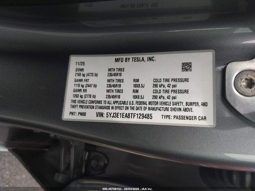 5YJ3E1EA8TF129485 2026 TESLA MODEL 3 photo no. 9