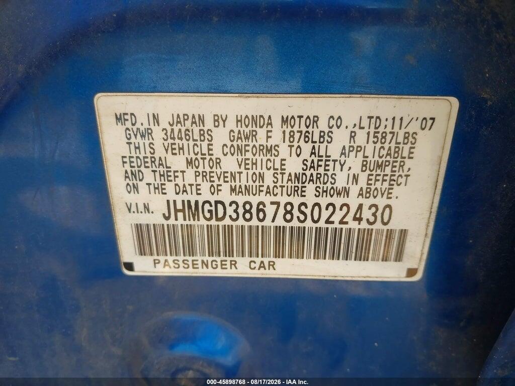 JHMGD38678S022430 2008 HONDA FIT photo no. 9