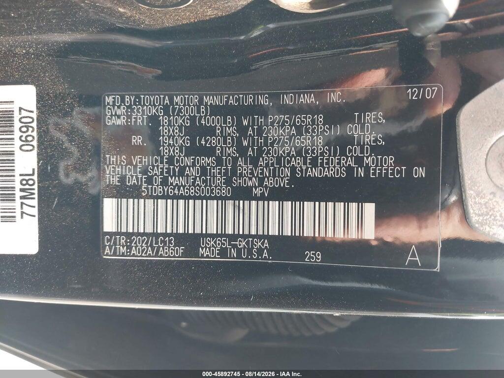 5TDBY64A68S003680 2008 TOYOTA SEQUOIA photo no. 9