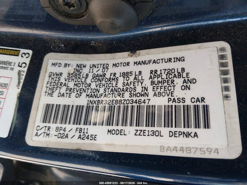 1NXBR32E88Z034647 2008 TOYOTA COROLLA photo no. 9