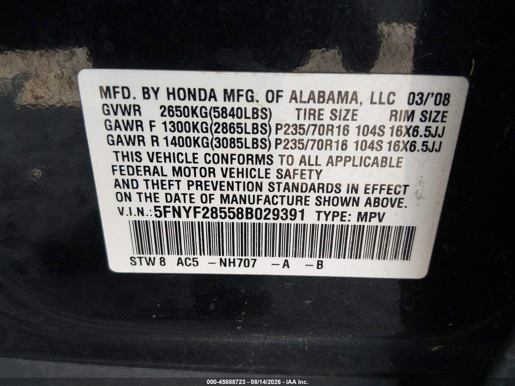 5FNYF28558B029391 2008 HONDA PILOT photo no. 9