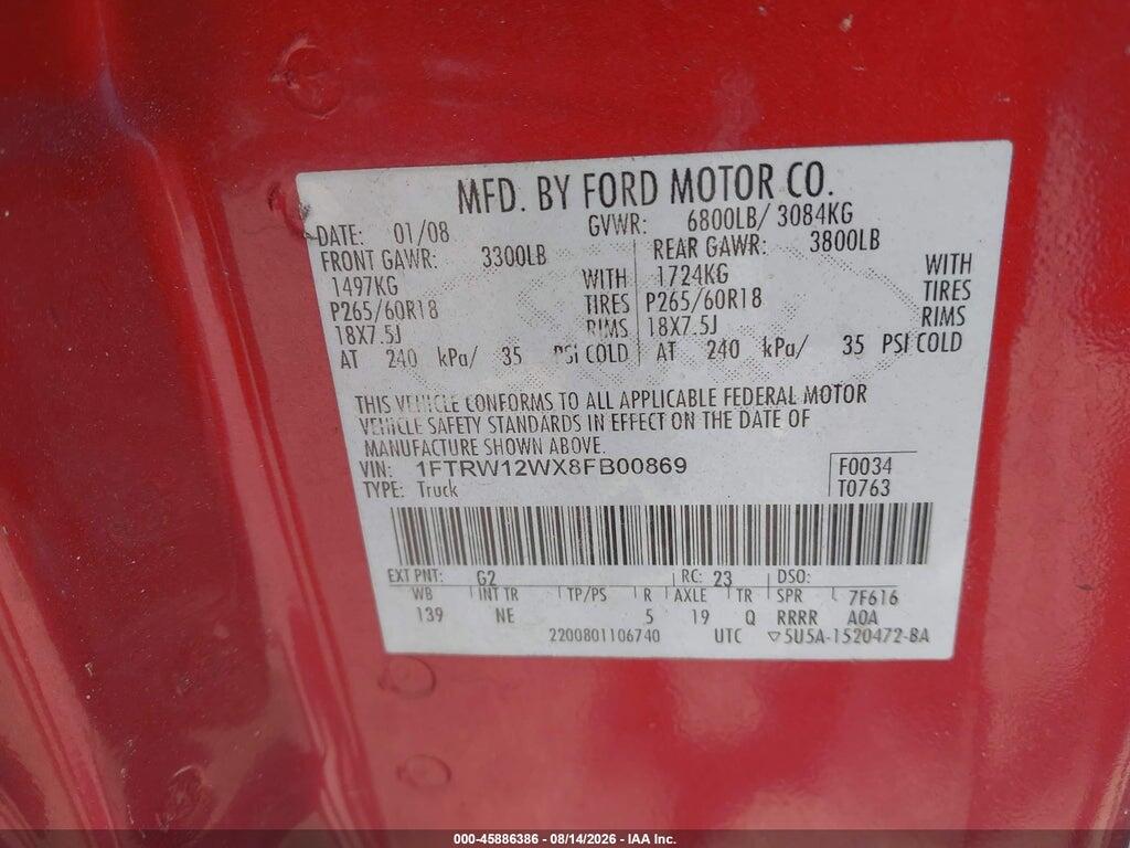 1FTRW12WX8FB00869 2008 FORD F-150 photo no. 9