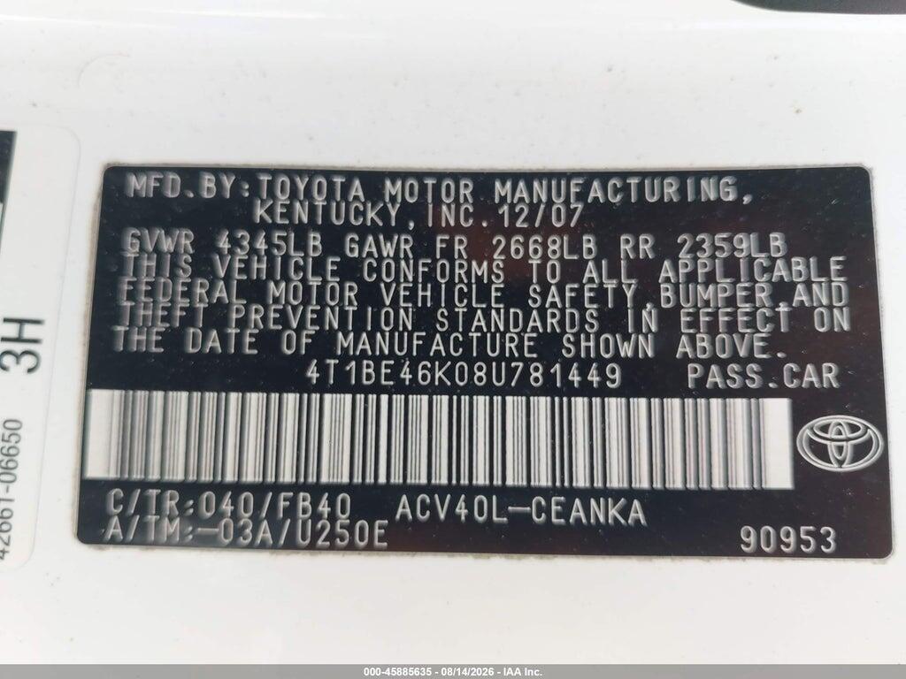 4T1BE46K08U781449 2008 TOYOTA CAMRY photo no. 9