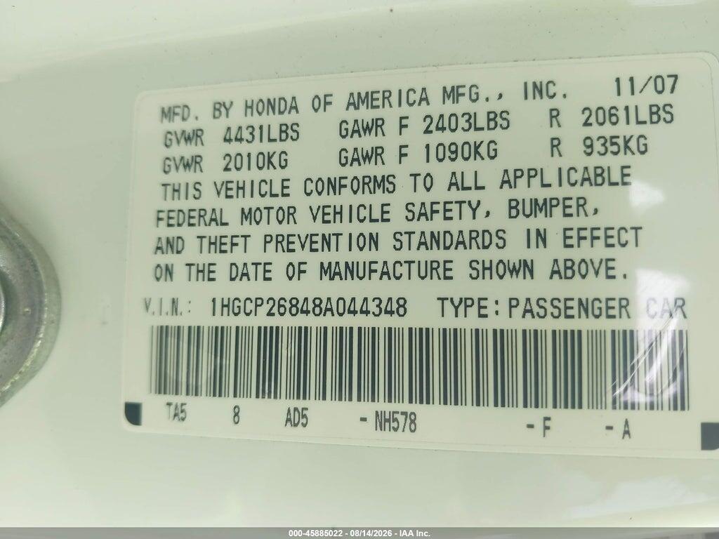 1HGCP26848A044348 2008 HONDA ACCORD photo no. 9