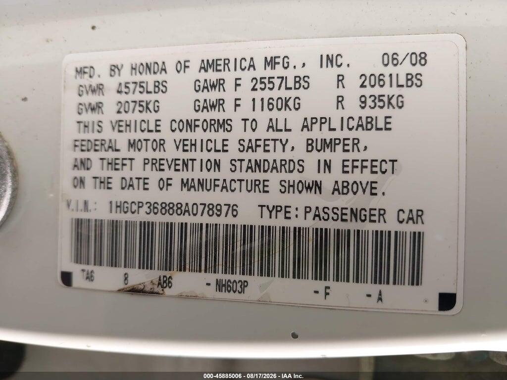1HGCP36888A078976 2008 HONDA ACCORD photo no. 9