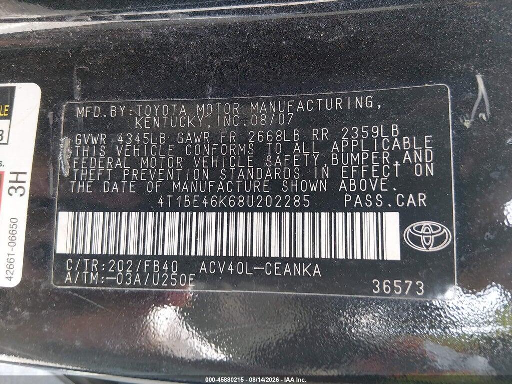 4T1BE46K68U202285 2008 TOYOTA CAMRY photo no. 9