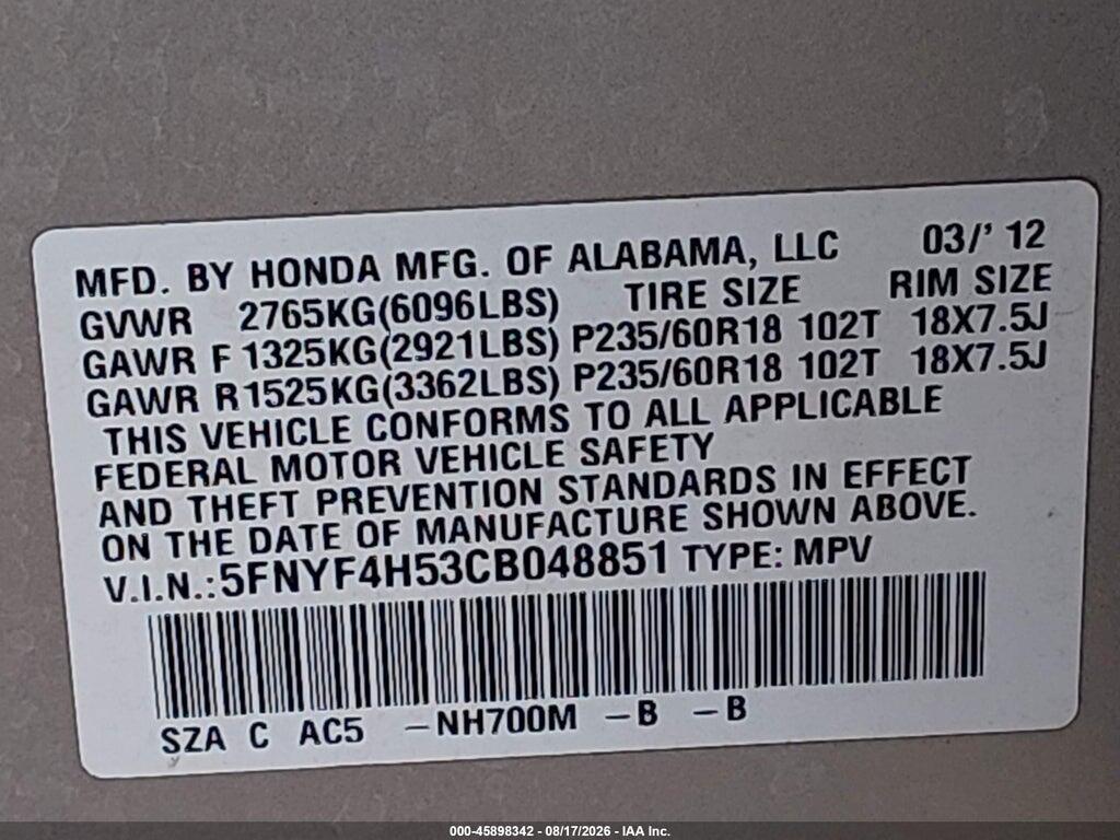 5FNYF4H53CB048851 2012 HONDA PILOT photo no. 9