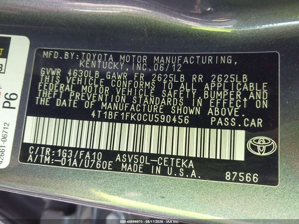 4T1BF1FK0CU590456 2012 TOYOTA CAMRY photo no. 9