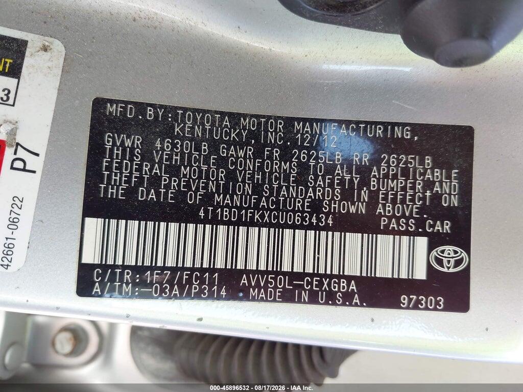 4T1BD1FKXCU063434 2012 TOYOTA CAMRY HYBRID photo no. 9