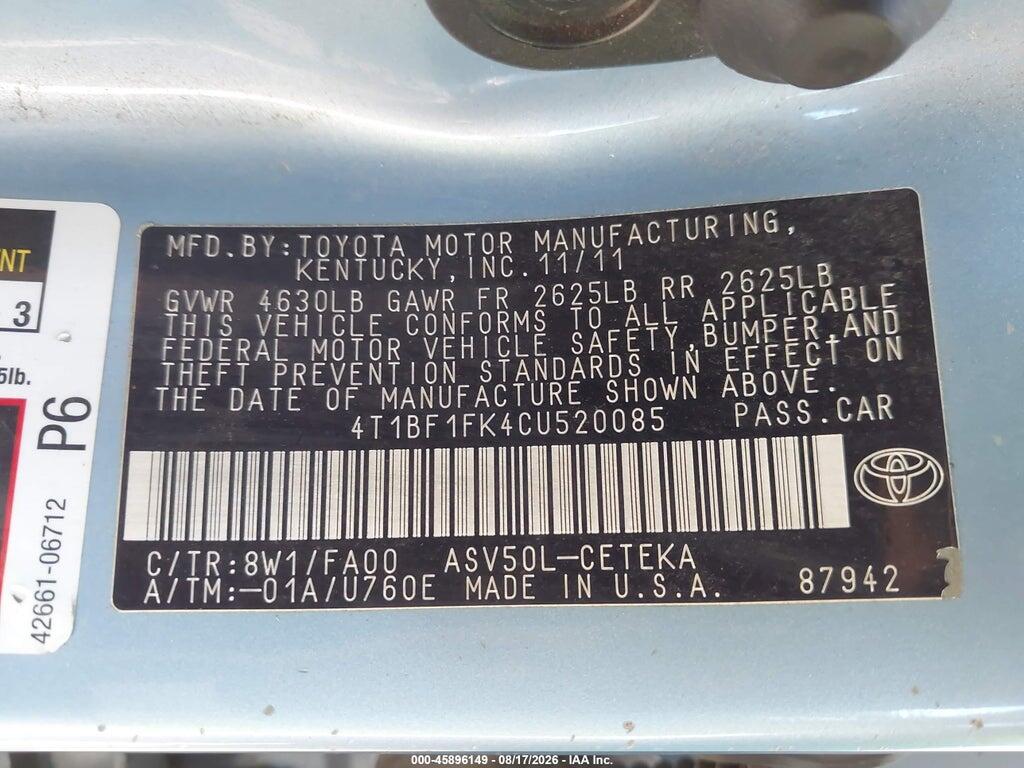 4T1BF1FK4CU520085 2012 TOYOTA CAMRY photo no. 9
