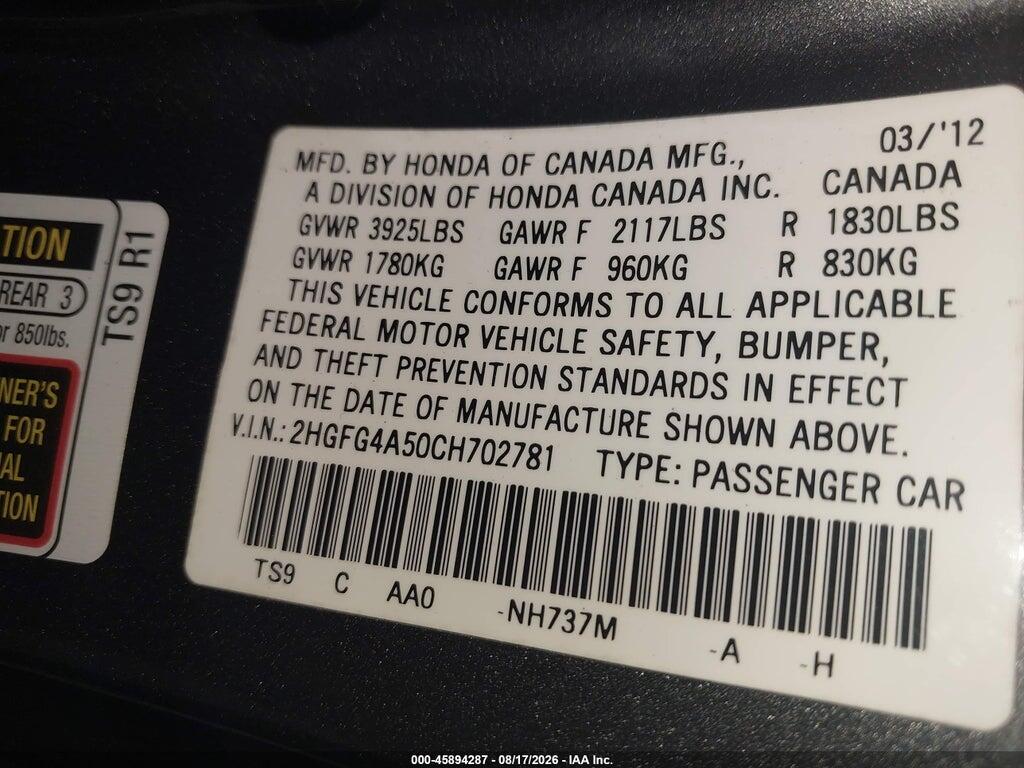 2HGFG4A50CH702781 2012 HONDA CIVIC photo no. 9
