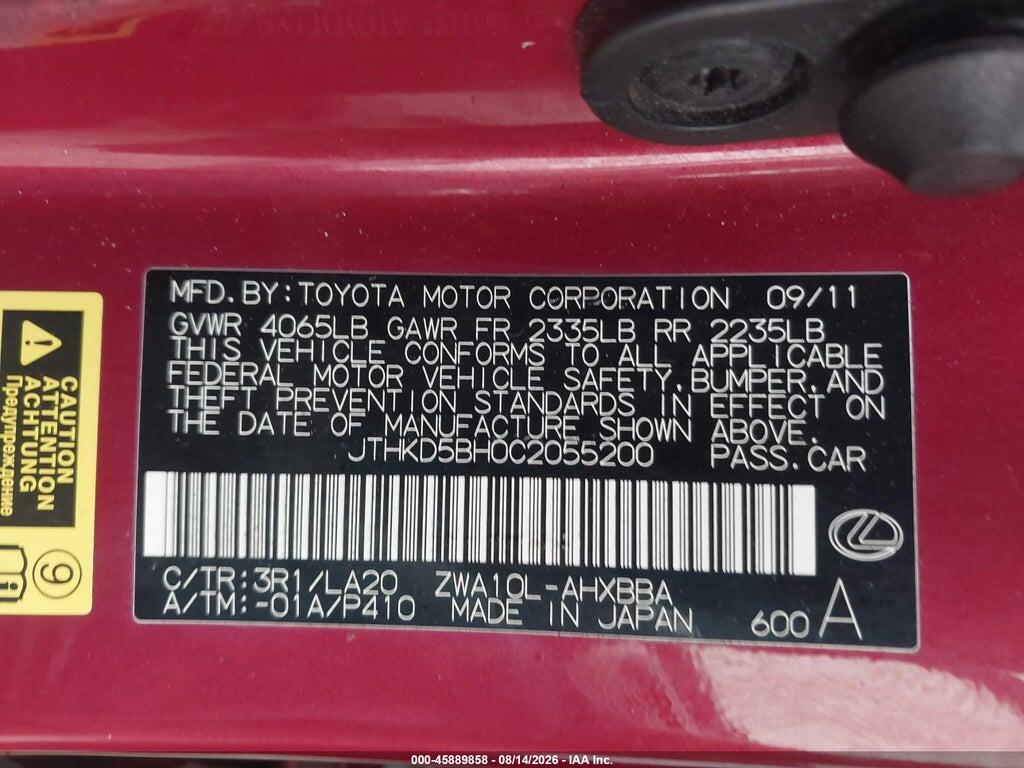 JTHKD5BH0C2055200 2012 LEXUS CT 200H photo no. 9