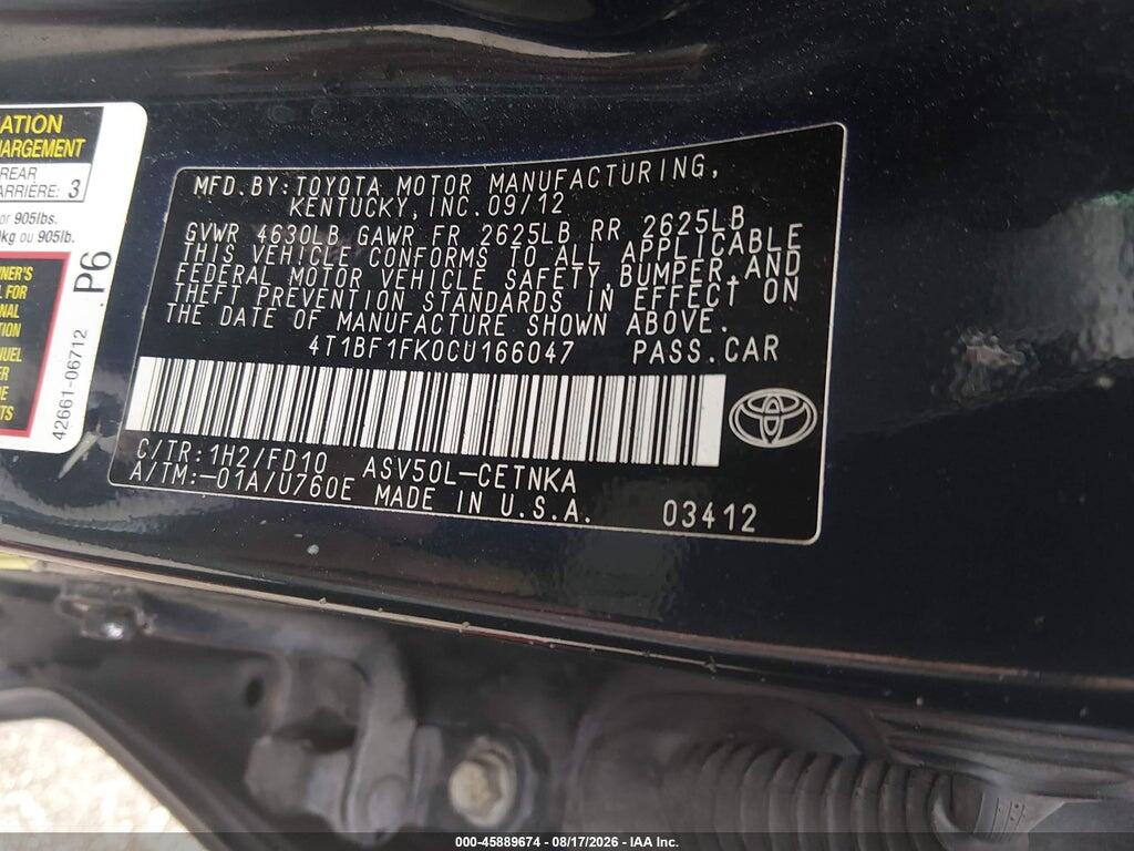 4T1BF1FK0CU166047 2012 TOYOTA CAMRY photo no. 9