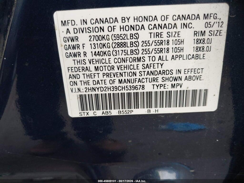 2HNYD2H39CH539678 2012 ACURA MDX photo no. 9