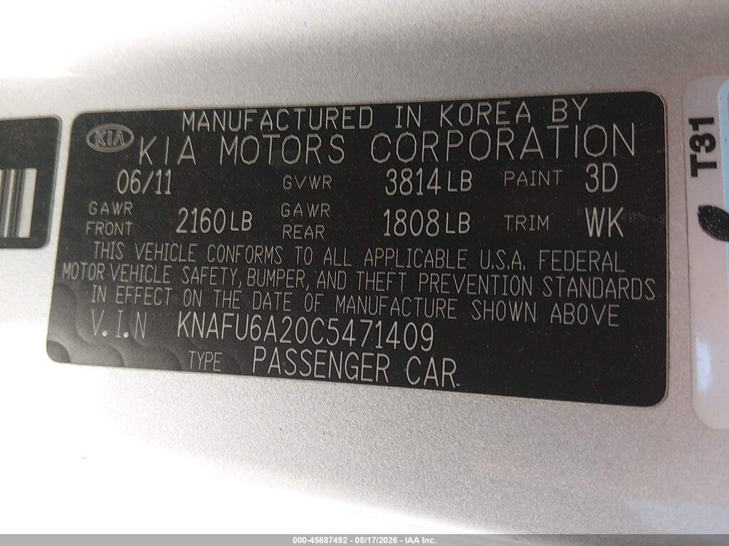 KNAFU6A20C5471409 2012 KIA FORTE KOUP photo no. 9