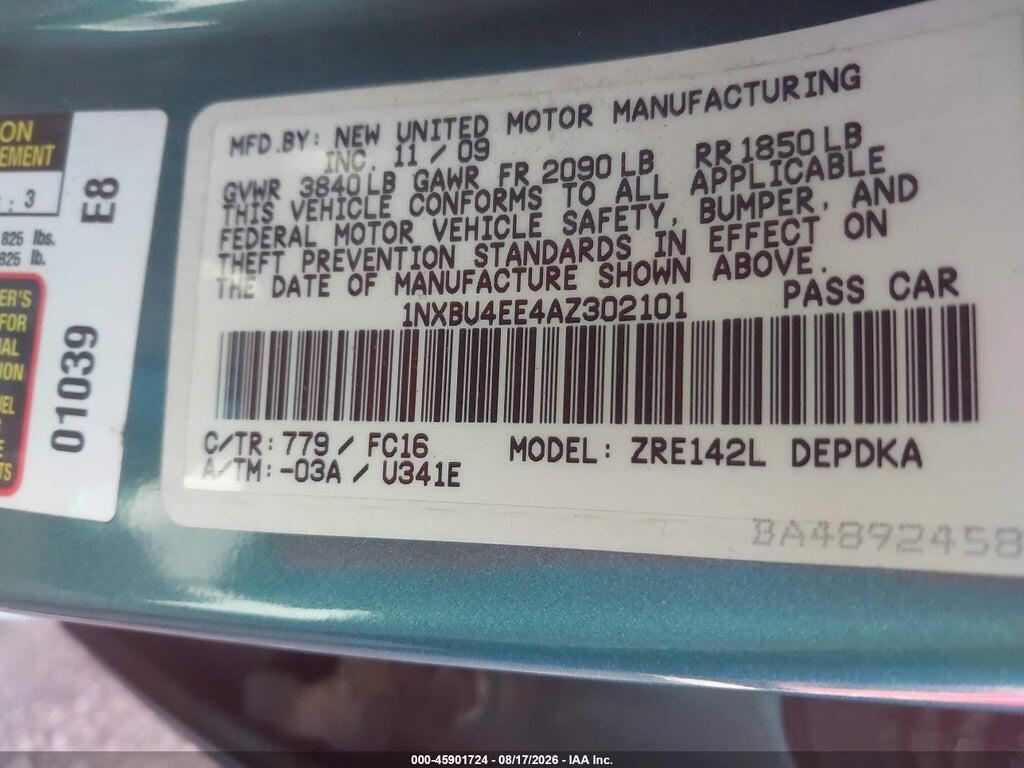 1NXBU4EE4AZ302101 2010 TOYOTA COROLLA photo no. 9