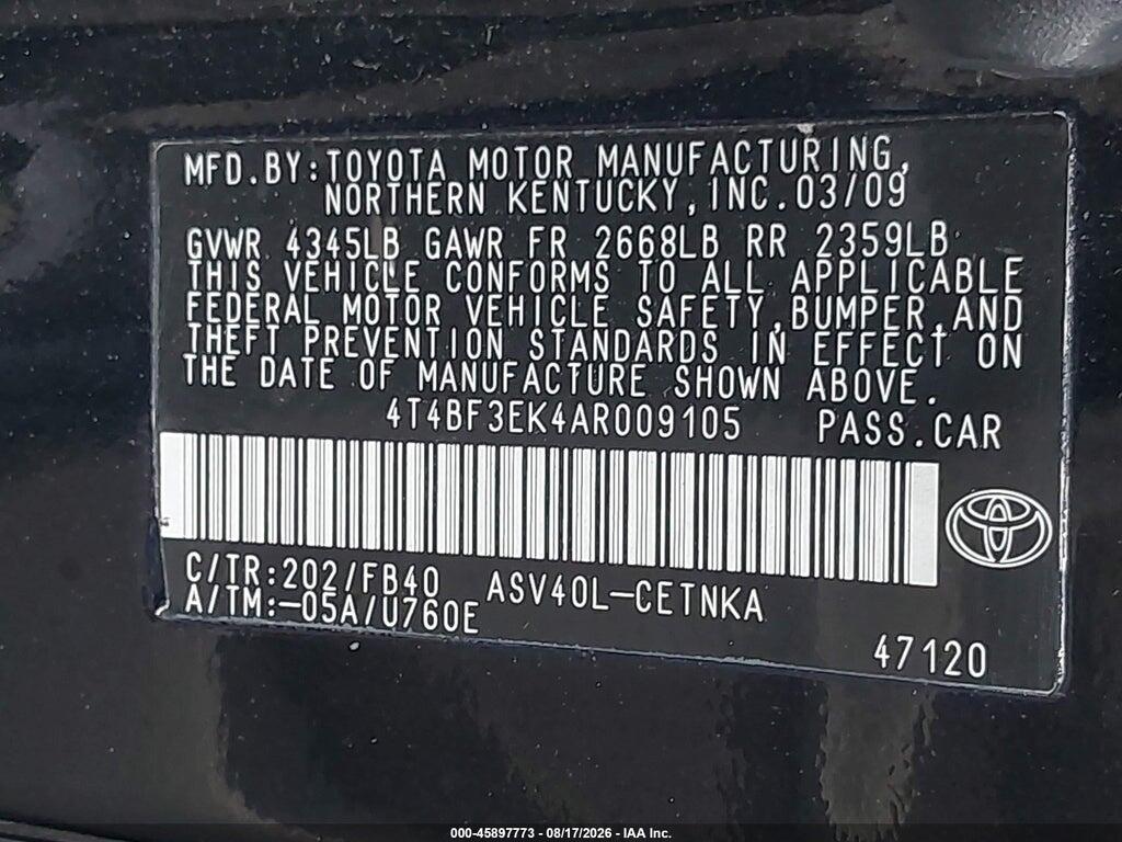 4T4BF3EK4AR009105 2010 TOYOTA CAMRY photo no. 9