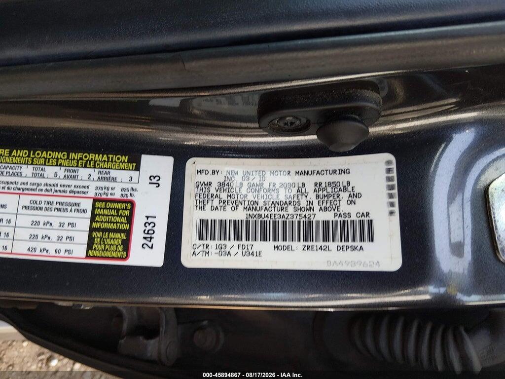 1NXBU4EE3AZ375427 2010 TOYOTA COROLLA photo no. 9