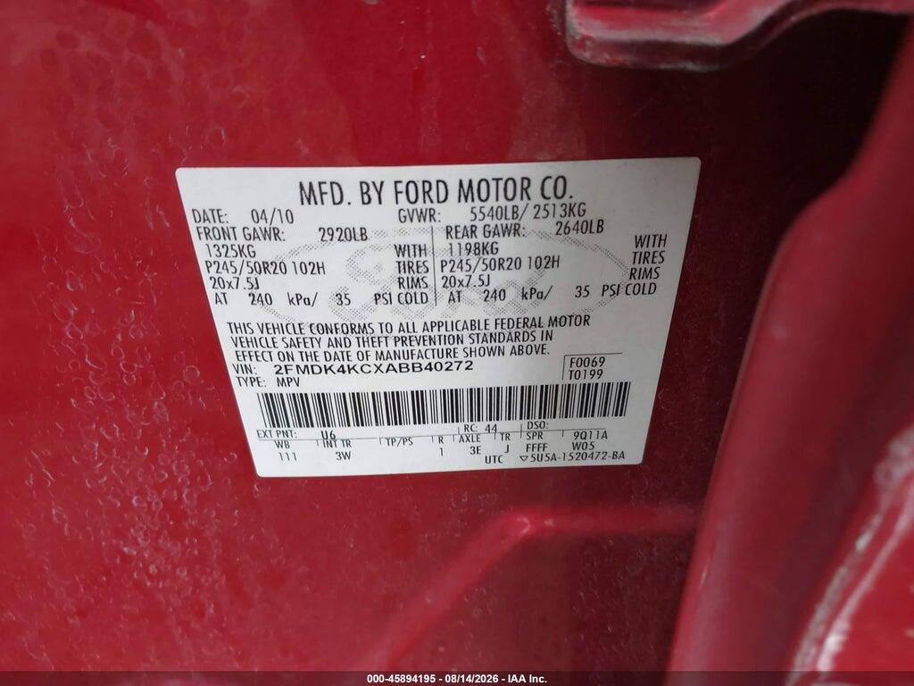 2FMDK4KCXABB40272 2010 FORD EDGE photo no. 9