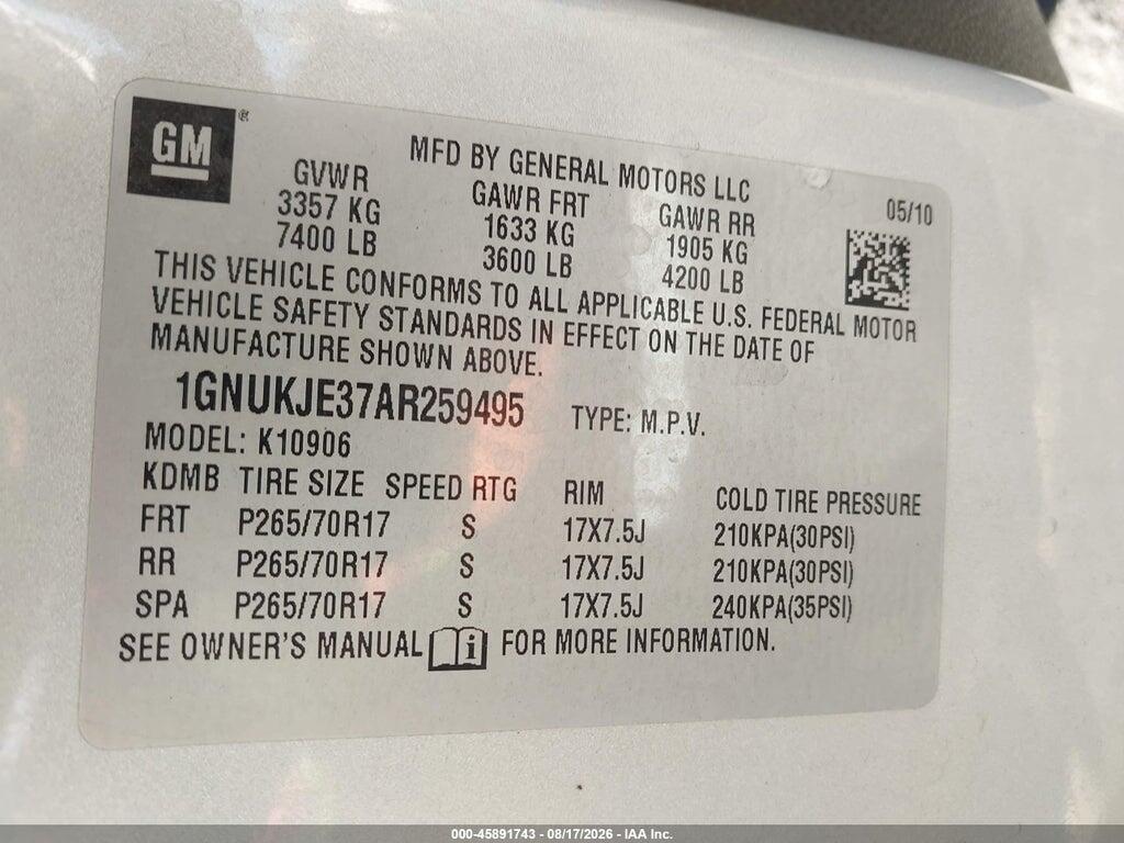 1GNUKJE37AR259495 2010 CHEVROLET SUBURBAN 1500 photo no. 9