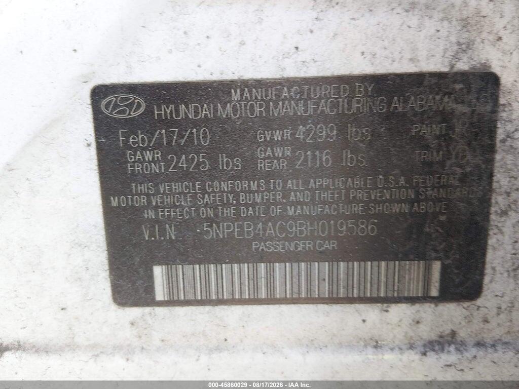 5NPEB4AC9BH019586 2011 HYUNDAI SONATA photo no. 9