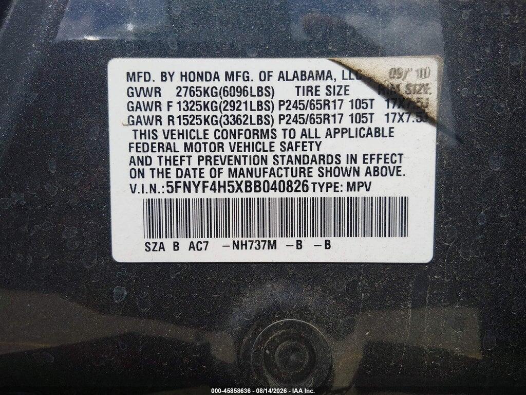 5FNYF4H5XBB040826 2011 HONDA PILOT photo no. 9