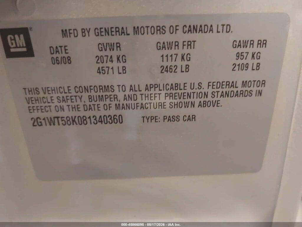 2G1WT58K081340360 2008 CHEVROLET IMPALA photo no. 9