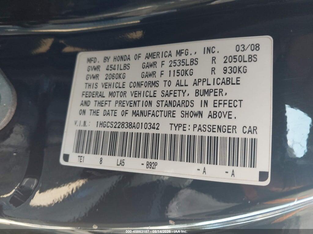1HGCS22838A010342 2008 HONDA ACCORD photo no. 9