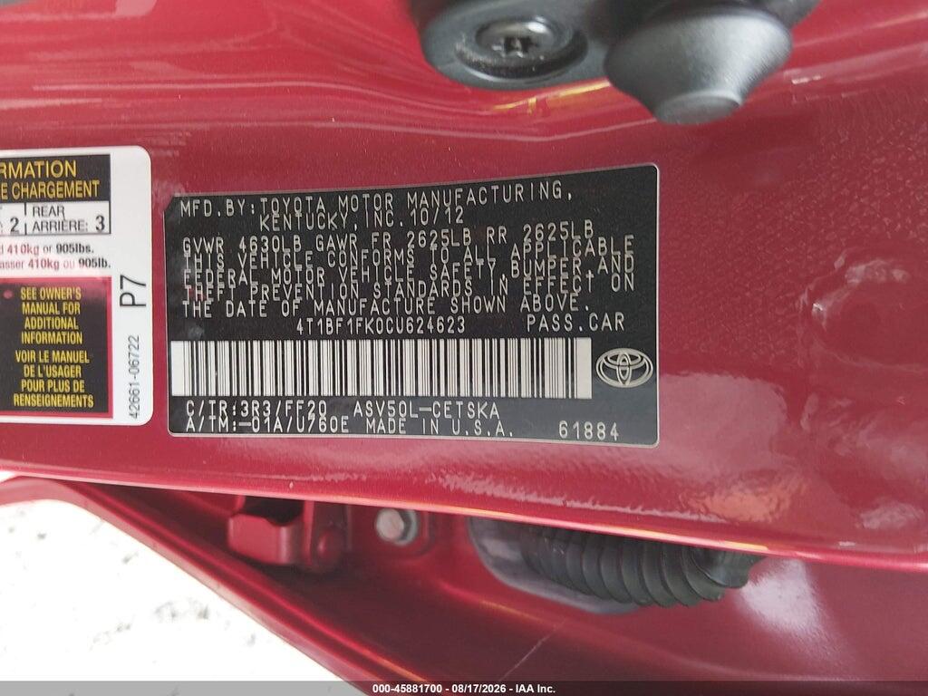 4T1BF1FK0CU624623 2012 TOYOTA CAMRY photo no. 9