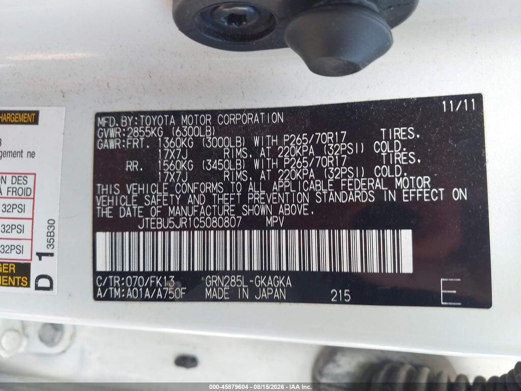 JTEBU5JR1C5080807 2012 TOYOTA 4RUNNER photo no. 9