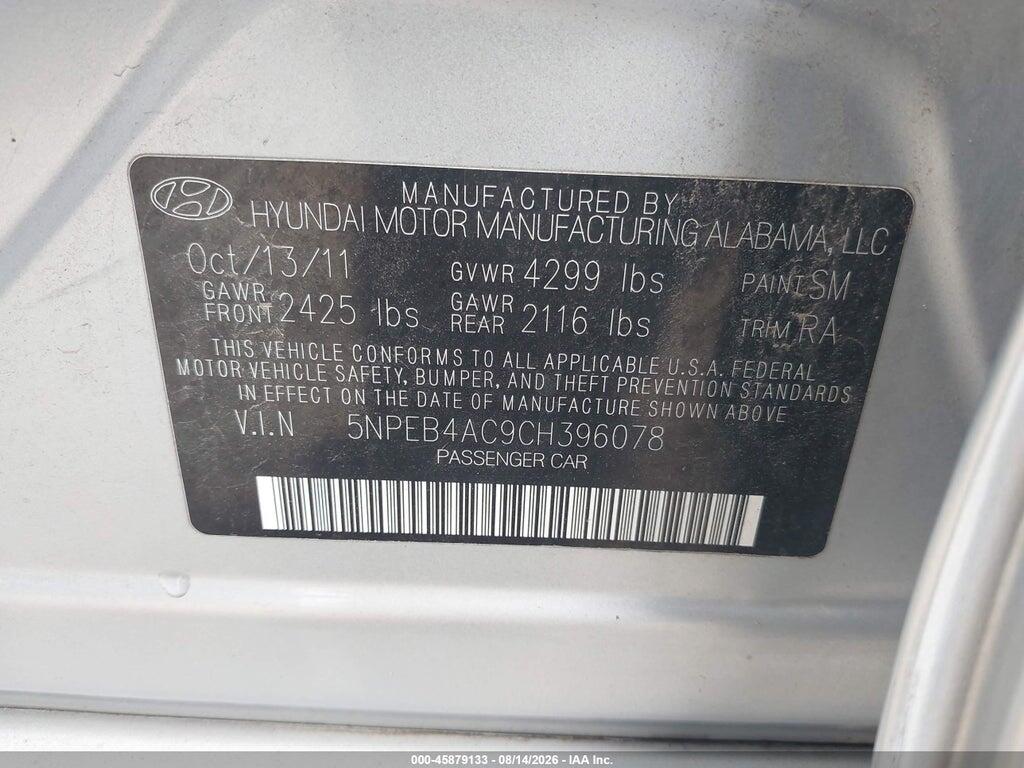 5NPEB4AC9CH396078 2012 HYUNDAI SONATA photo no. 9