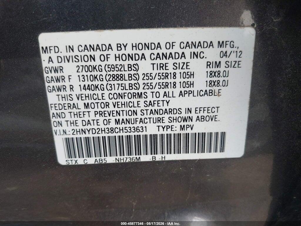 2HNYD2H38CH533631 2012 ACURA MDX photo no. 9