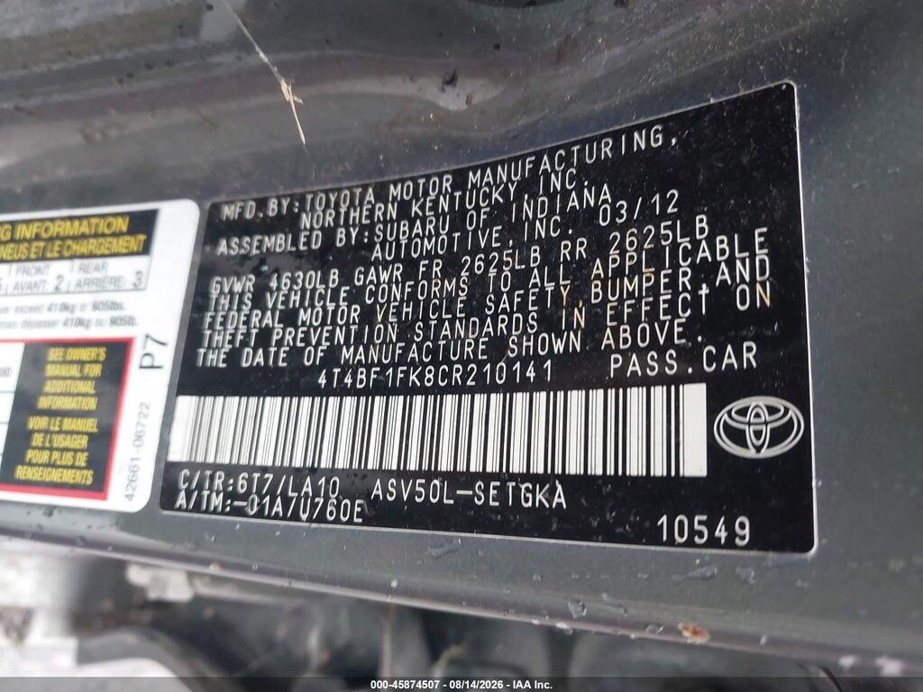 4T4BF1FK8CR210141 2012 TOYOTA CAMRY photo no. 9