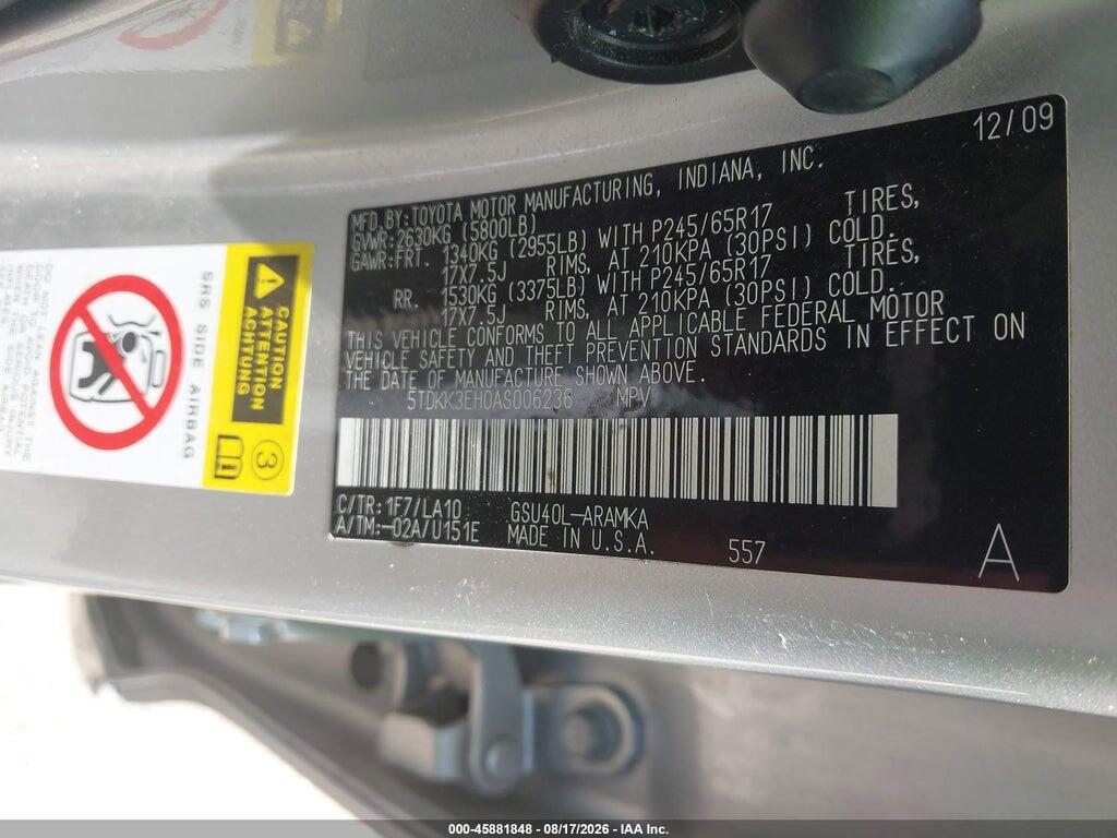 5TDKK3EH0AS006236 2010 TOYOTA HIGHLANDER photo no. 9