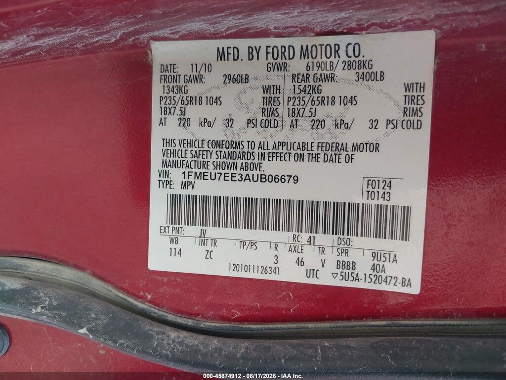1FMEU7EE3AUB06679 2010 FORD EXPLORER photo no. 9
