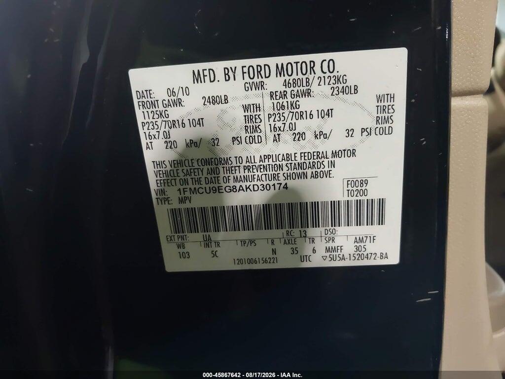 1FMCU9EG8AKD30174 2010 FORD ESCAPE photo no. 9