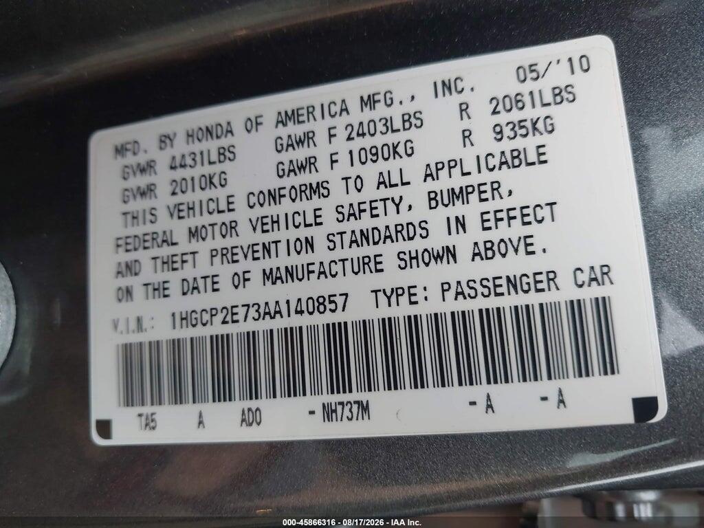 1HGCP2E73AA140857 2010 HONDA ACCORD photo no. 9