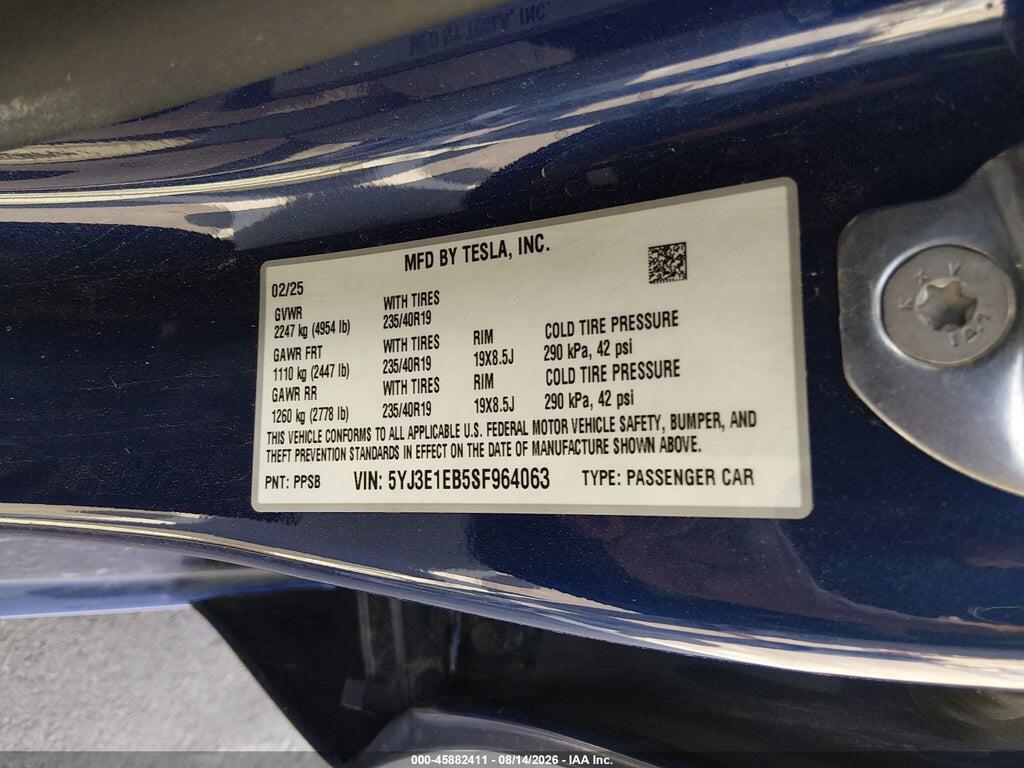 5YJ3E1EB5SF964063 2025 TESLA MODEL 3 photo no. 9