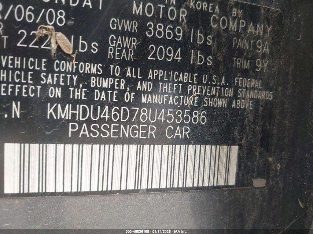 KMHDU46D78U453586 2008 HYUNDAI ELANTRA photo no. 9
