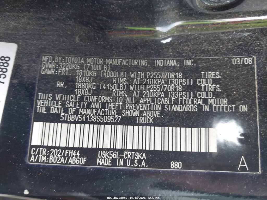 5TBBV54138S509527 2008 TOYOTA TUNDRA photo no. 9