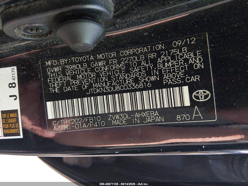 JTDKN3DU8C0336816 2012 TOYOTA PRIUS photo no. 9