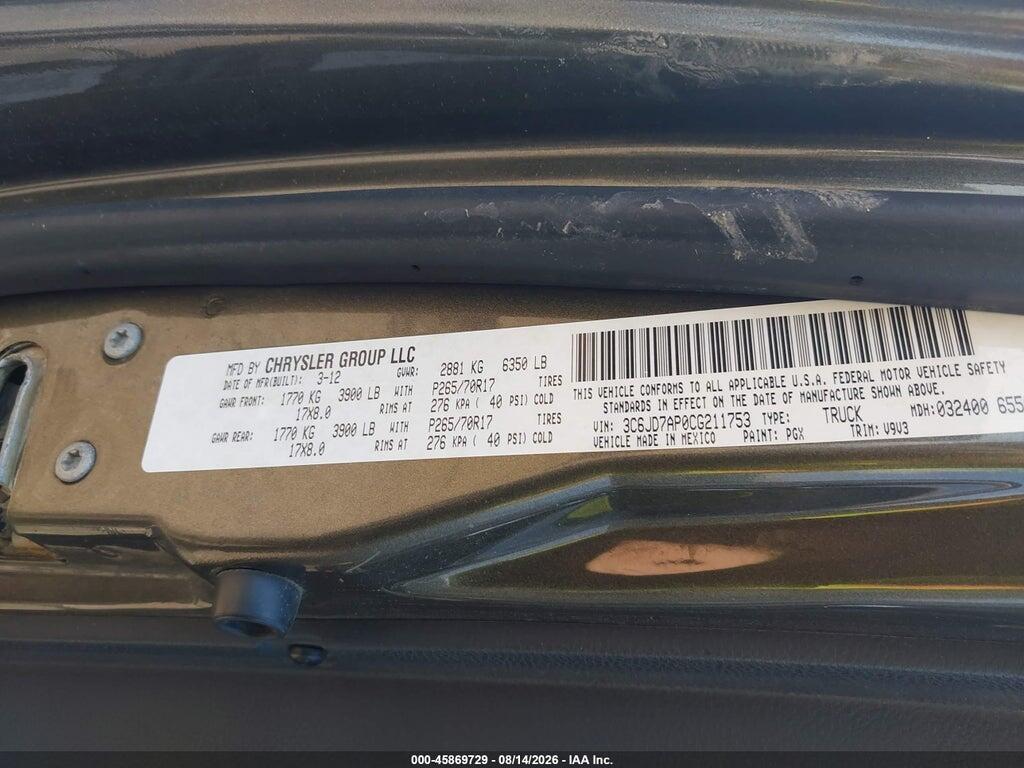 3C6JD7AP0CG211753 2012 RAM 1500 photo no. 9