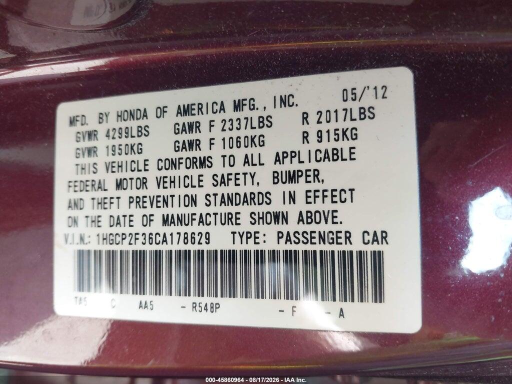 1HGCP2F36CA178629 2012 HONDA ACCORD SDN photo no. 9