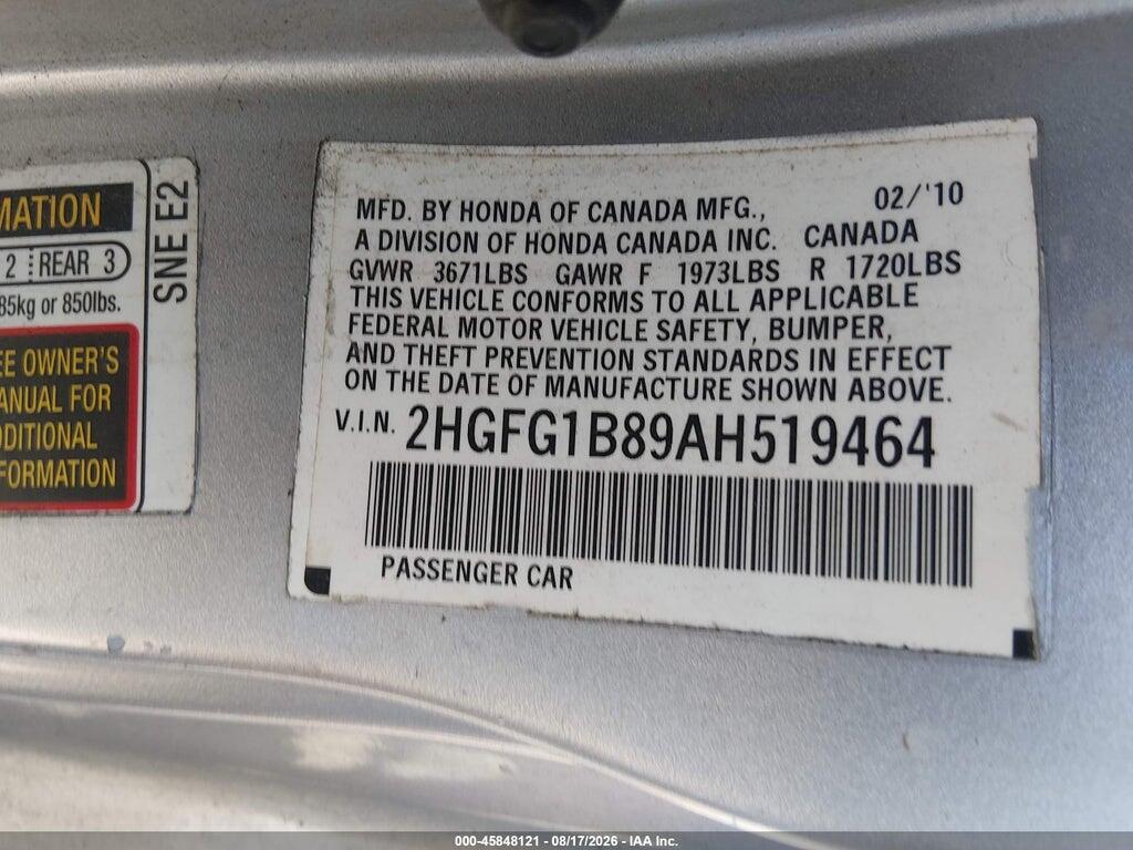 2HGFG1B89AH519464 2010 HONDA CIVIC photo no. 9